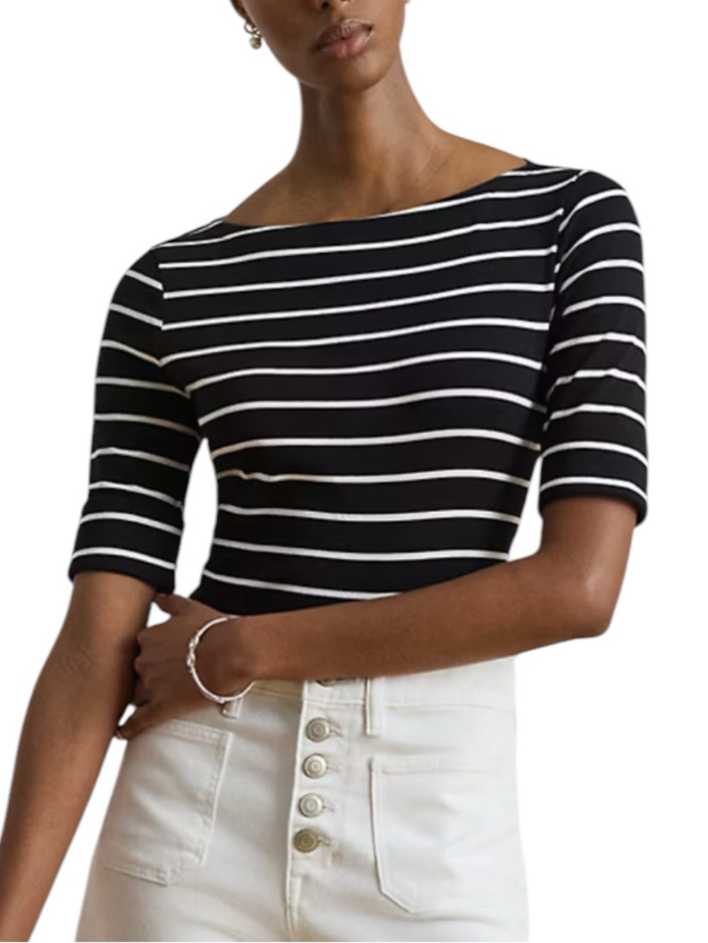Lauren Ralph Lauren Boatneck Stretch Striped Navy & White Tee Size XL